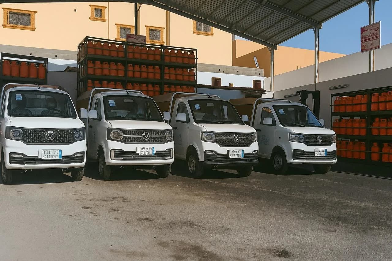أسطول سيارات توصيل أسطوانات الغاز مصطف أمام المستودع